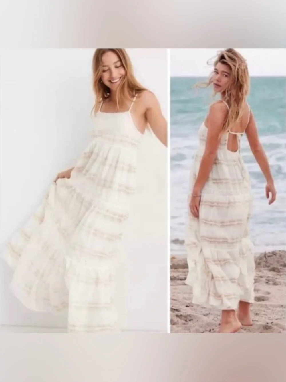 AERIE Off-White Cotton Maxi Dress with Beige Tie-Dye, Rope & Tassel Detail! 🐚 - Picture 10 of 17